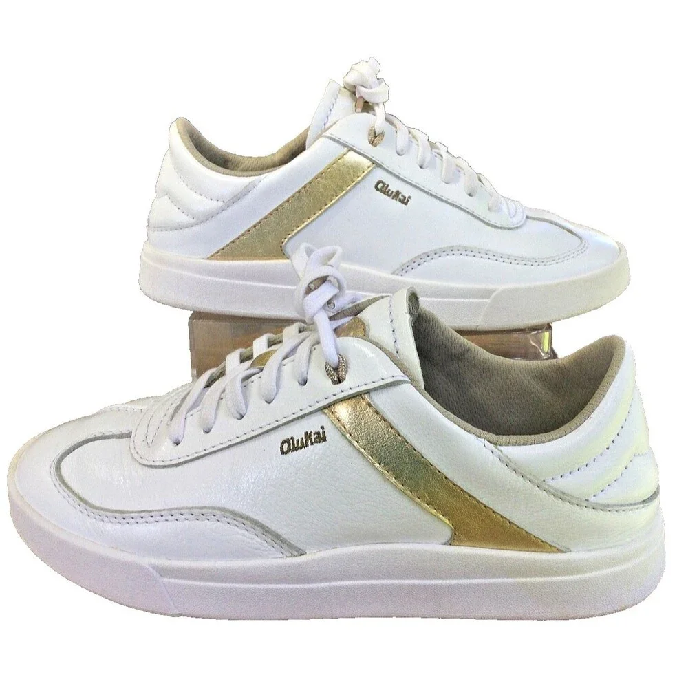 Olukai Ha'upu US 7 Full Grain Leather Sneaker Tennis Shoe Slide White Gold EU 37